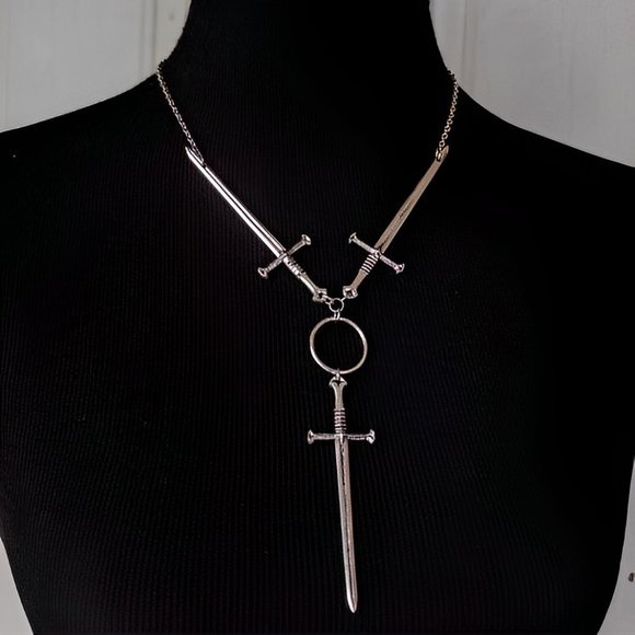 Three Sword Necklace Choker Necklace Silver Tone Goth  Avant Garde Medievel - Picture 1 of 1